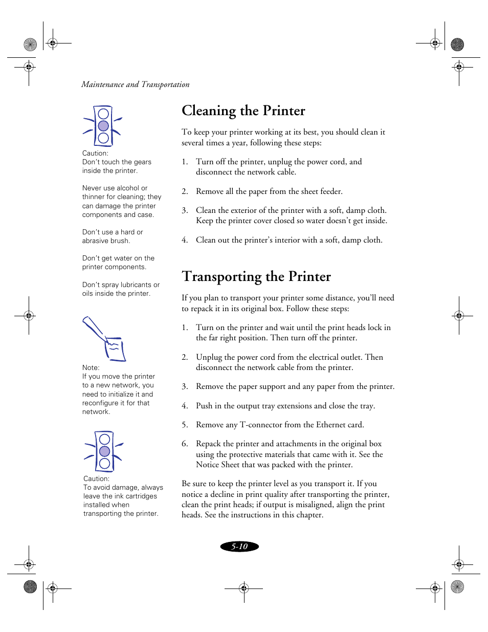 Cleaning the printer, Transporting the printer | Epson 850N User Manual | Page 102 / 179