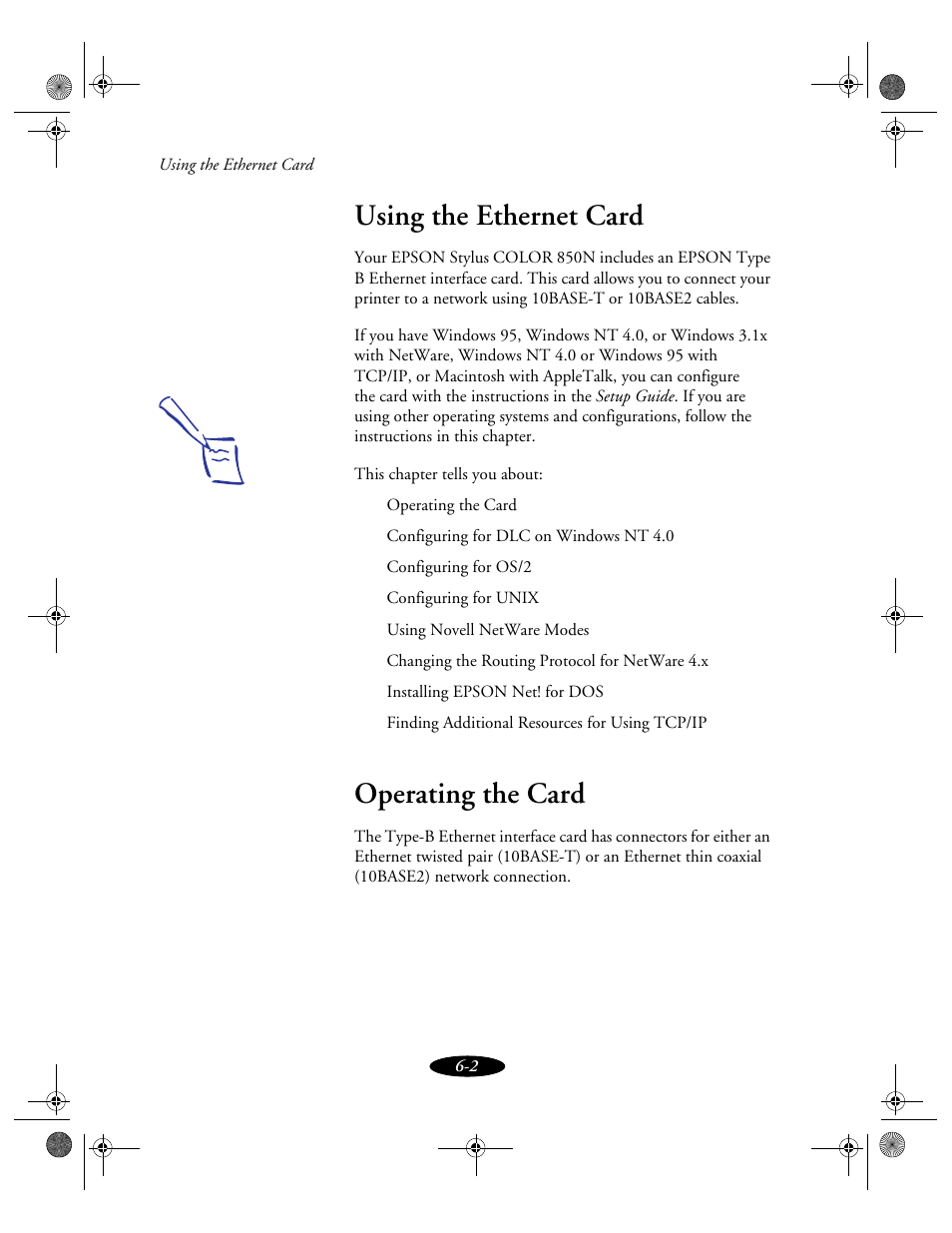 Using the ethernet card, Operating the card | Epson 850N User Manual | Page 104 / 179