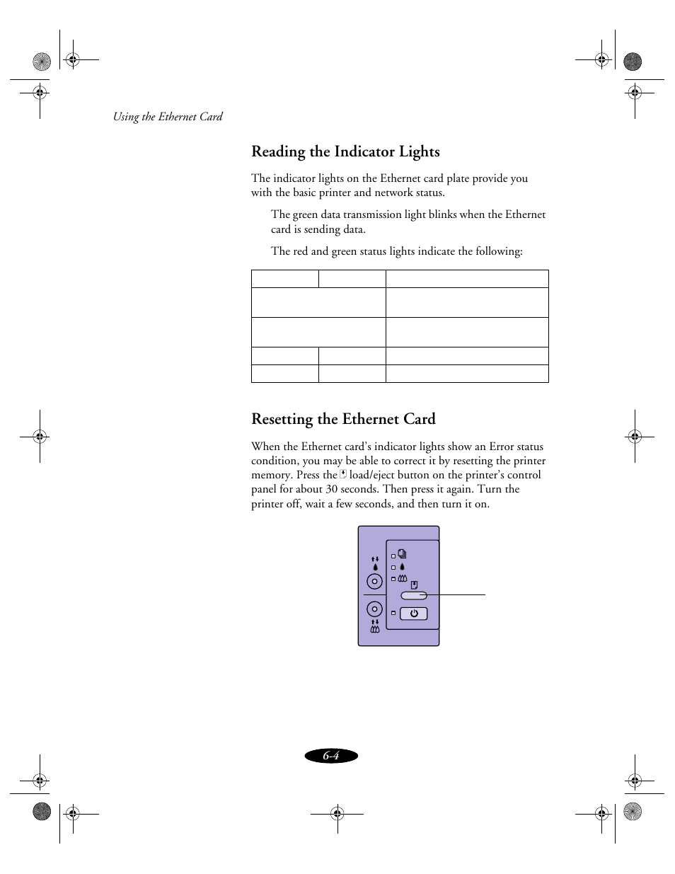 Reading the indicator lights, Resetting the ethernet card | Epson 850N User Manual | Page 106 / 179