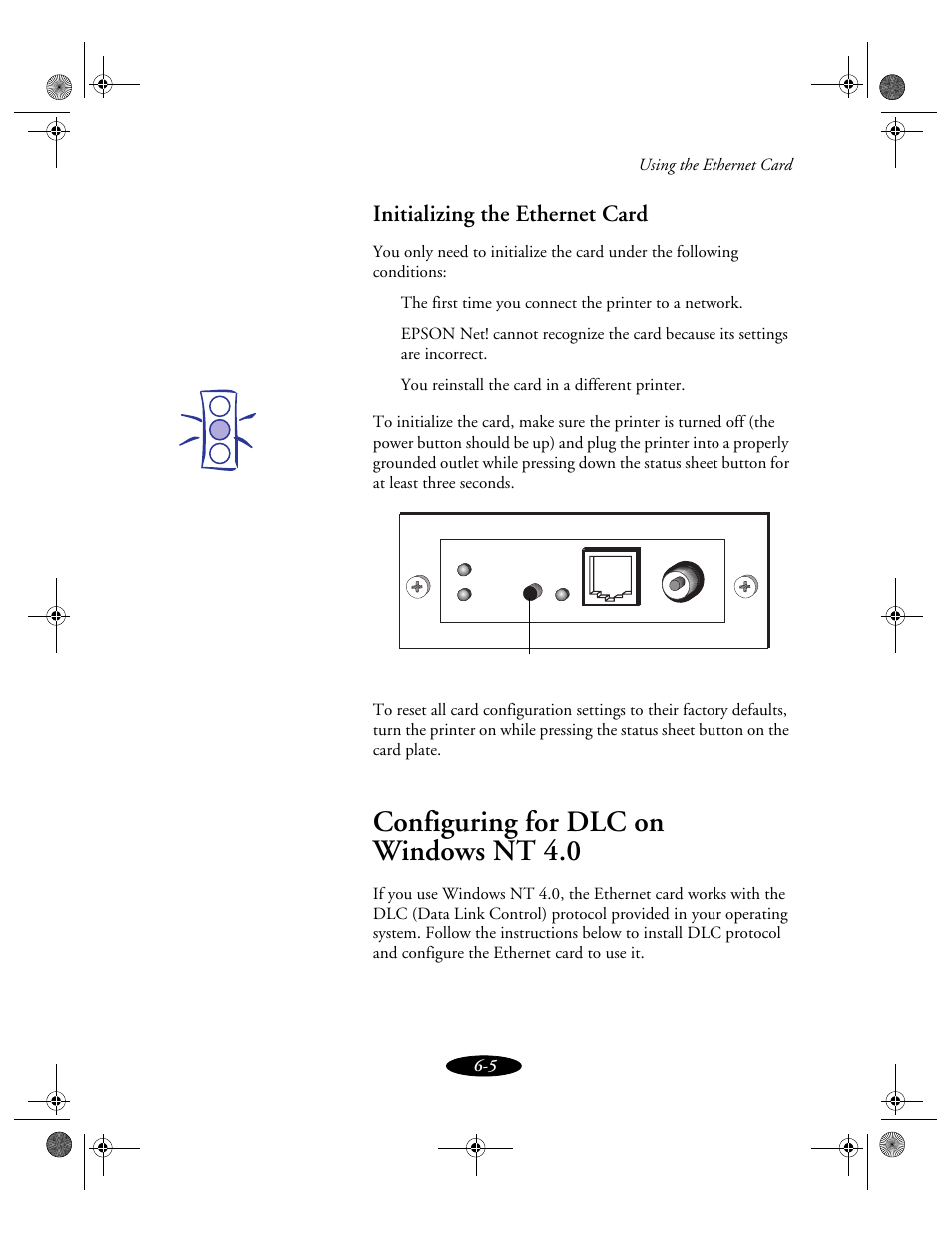 Initializing the ethernet card, Configuring for dlc on windows nt 4. 0, Configuring for dlc on windows nt 4.0 | Epson 850N User Manual | Page 107 / 179