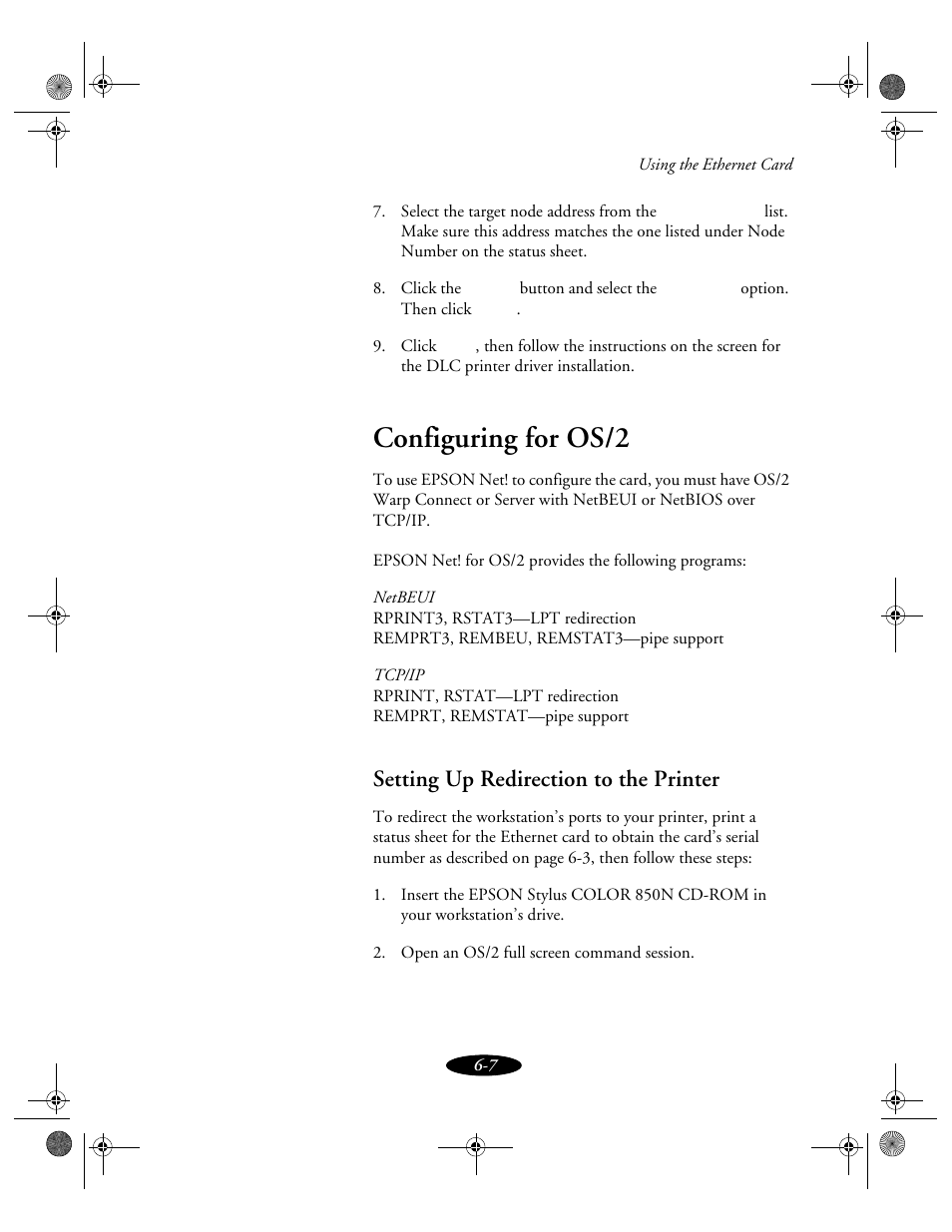 Configuring for os/2, Setting up redirection to the printer | Epson 850N User Manual | Page 109 / 179