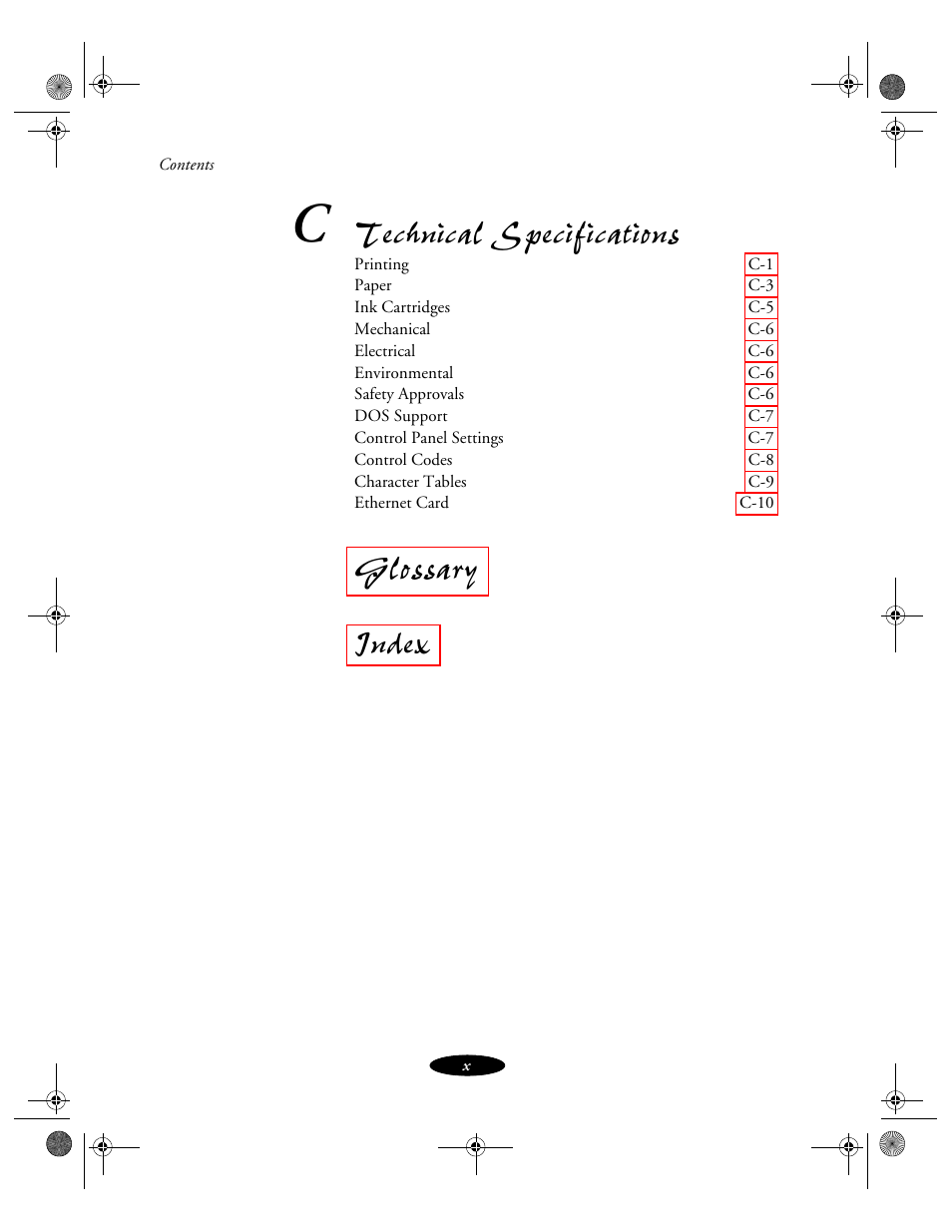 Technical specifications, Glossary index | Epson 850N User Manual | Page 11 / 179