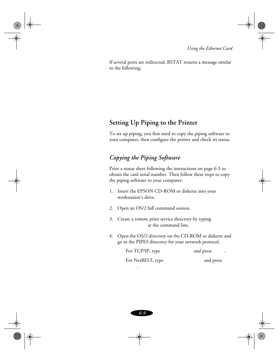 Setting up piping to the printer, Copying the piping software | Epson 850N User Manual | Page 111 / 179