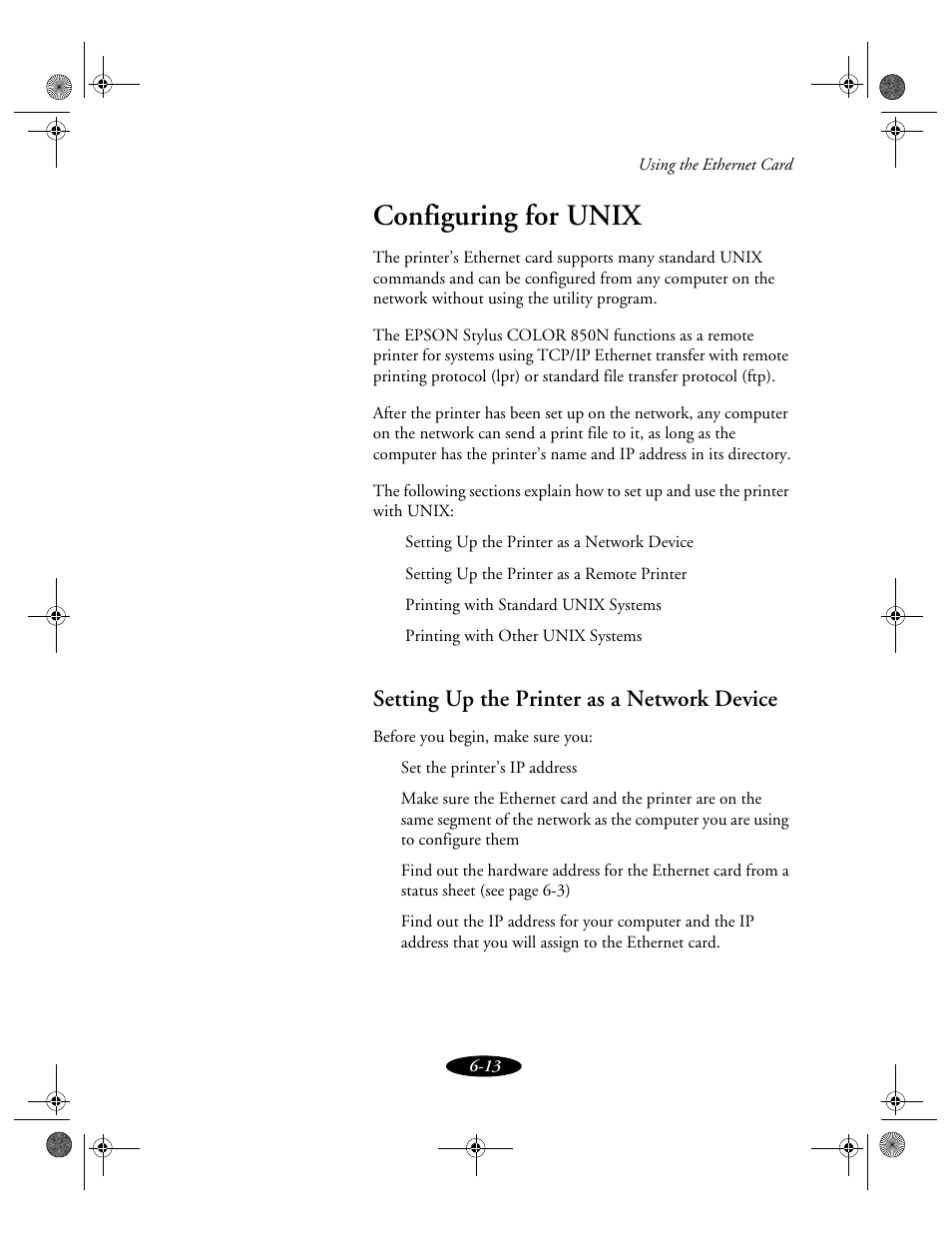 Configuring for unix, Setting up the printer as a network device | Epson 850N User Manual | Page 115 / 179