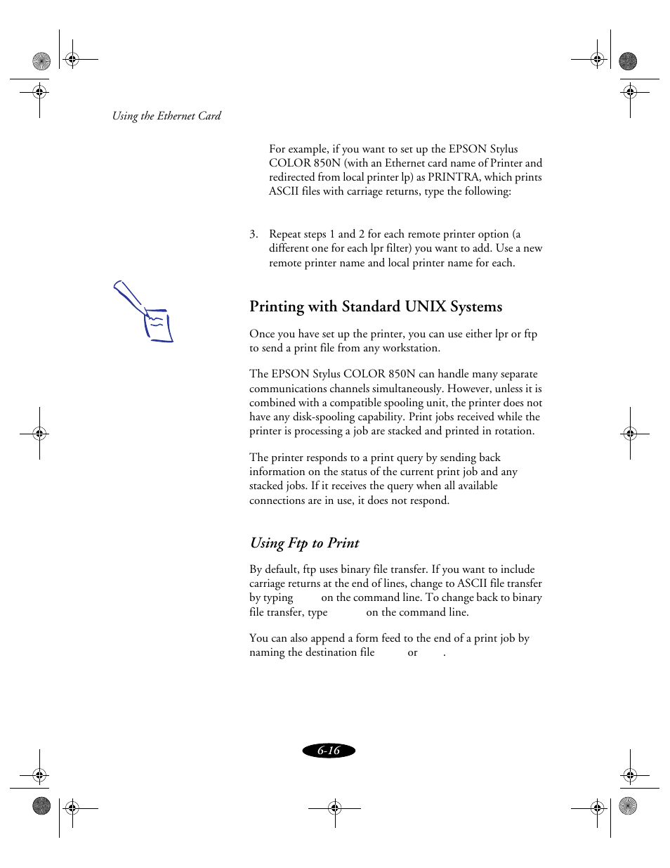 Printing with standard unix systems, Using ftp to print | Epson 850N User Manual | Page 118 / 179