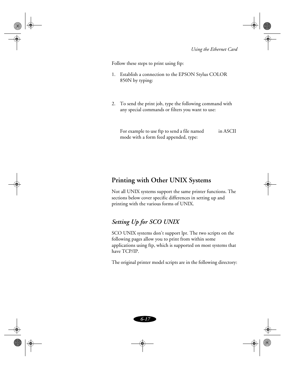 Printing with other unix systems, Setting up for sco unix | Epson 850N User Manual | Page 119 / 179