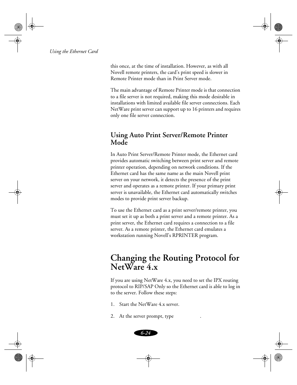 Using auto print server/remote printer mode, Changing the routing protocol for netware 4. x, Changing the routing protocol for netware 4.x | Epson 850N User Manual | Page 126 / 179