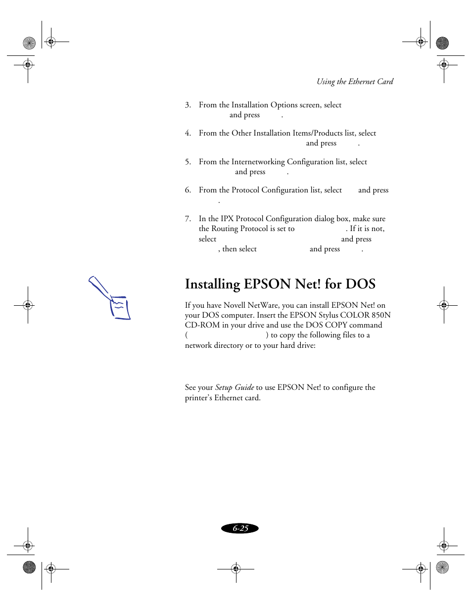 Installing epson net! for dos | Epson 850N User Manual | Page 127 / 179