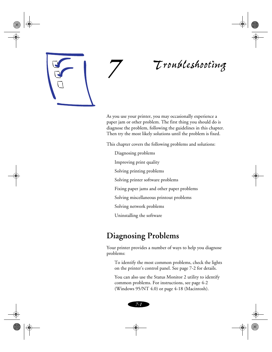 Chap 7-troubleshooting, Diagnosing problems, Troubleshooting | Epson 850N User Manual | Page 129 / 179
