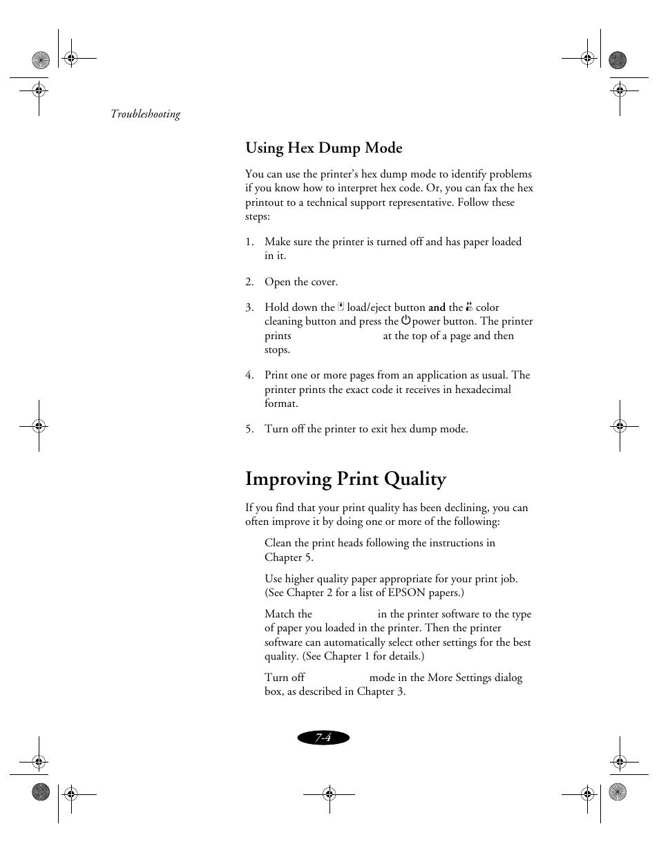 Using hex dump mode, Improving print quality | Epson 850N User Manual | Page 132 / 179