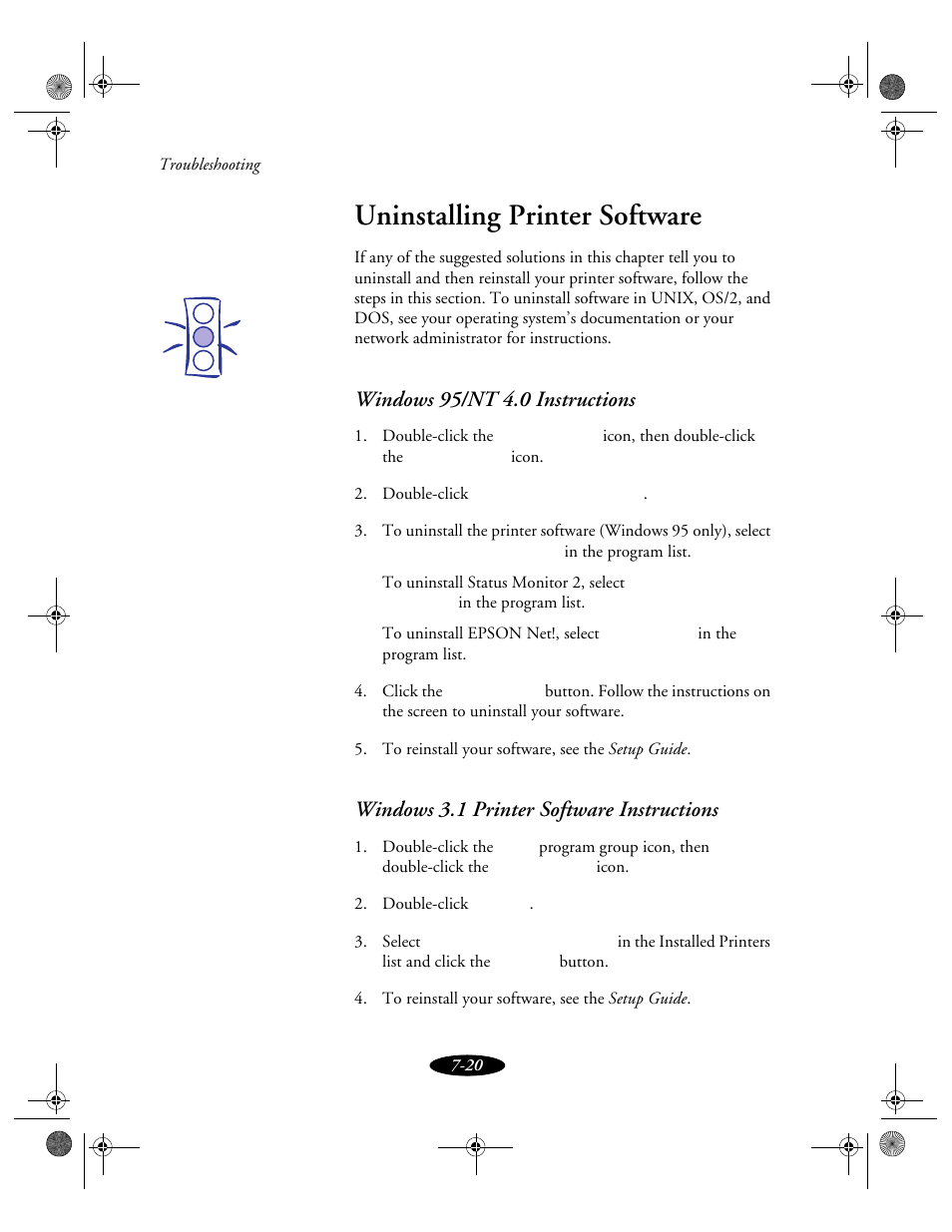 Uninstalling printer software, Windows 95/nt 4.0 instructions, Windows 3.1 printer software instructions | Epson 850N User Manual | Page 148 / 179