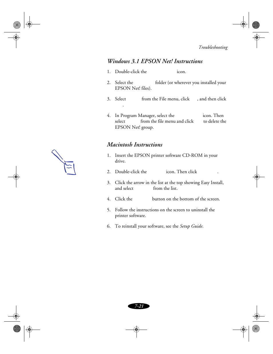 Windows 3.1 epson net! instructions, Macintosh instructions | Epson 850N User Manual | Page 149 / 179