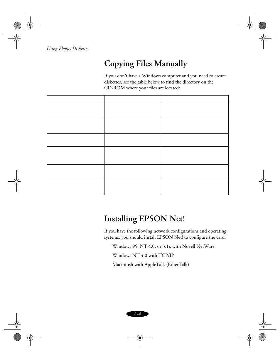 Copying files manually, Installing epson net | Epson 850N User Manual | Page 153 / 179