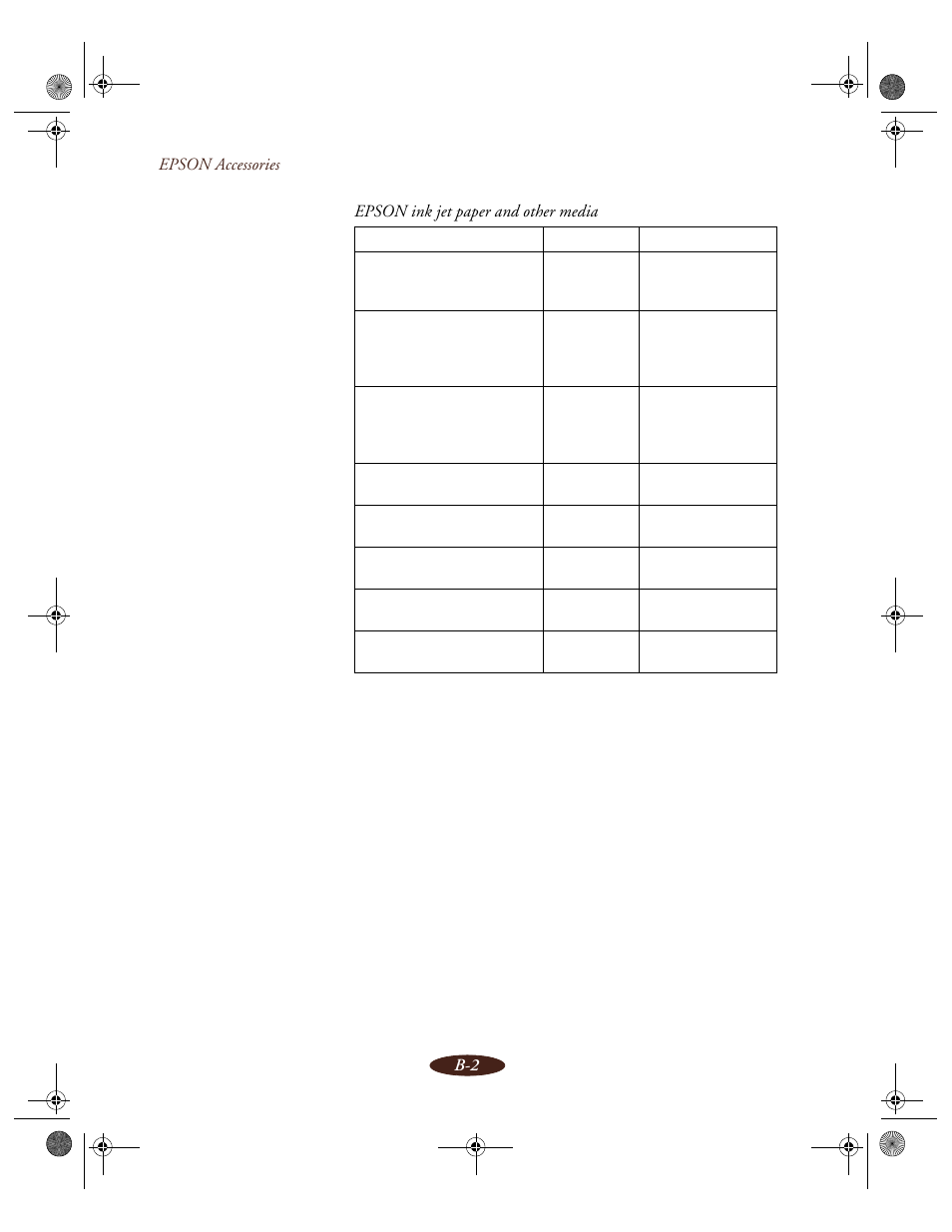 Epson accessories b-2, Epson ink jet paper and other media | Epson 850N User Manual | Page 159 / 179