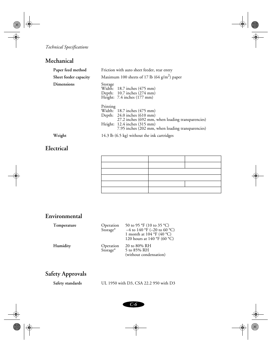 Mechanical, Electrical, Environmental | Safety approvals | Epson 850N User Manual | Page 165 / 179