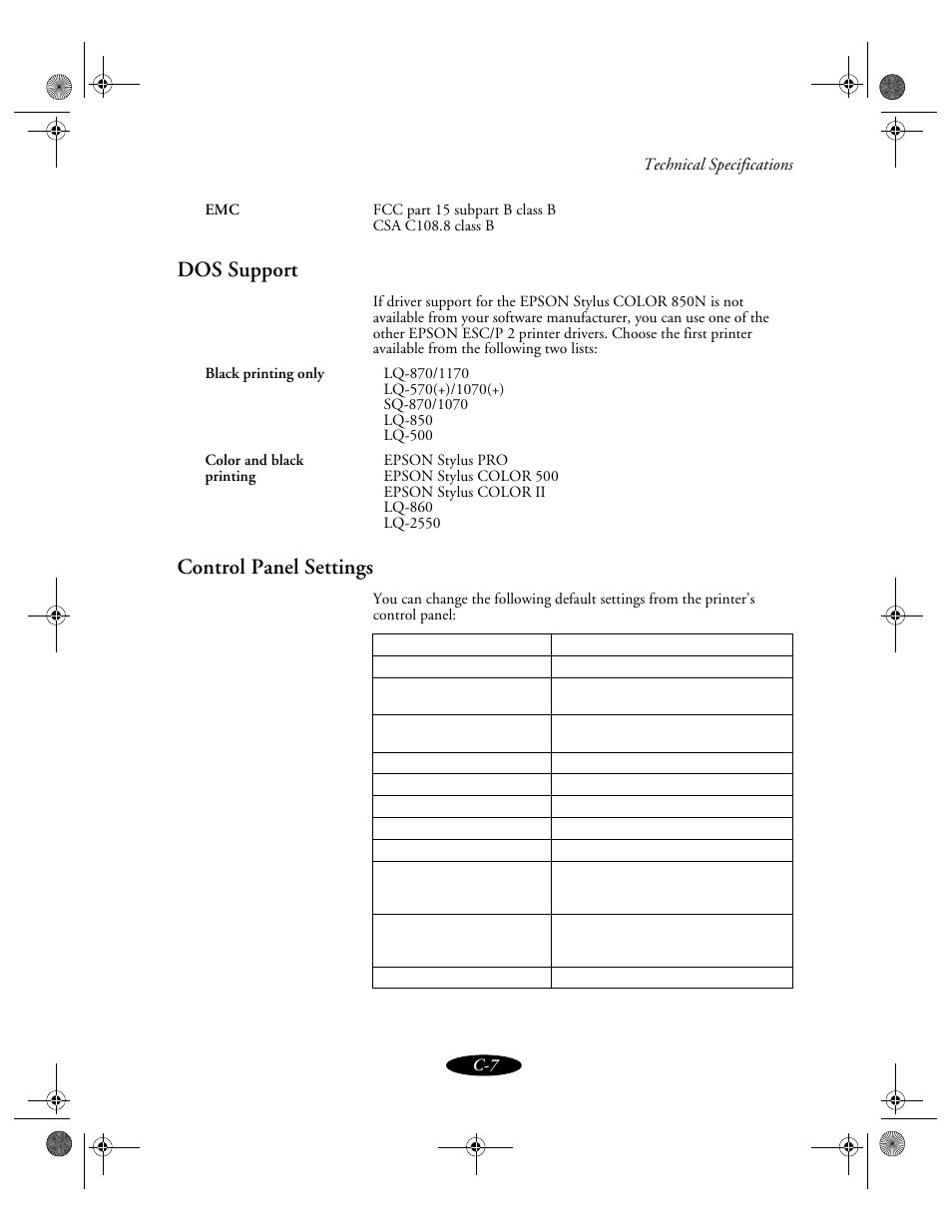 Dos support, Control panel settings | Epson 850N User Manual | Page 166 / 179