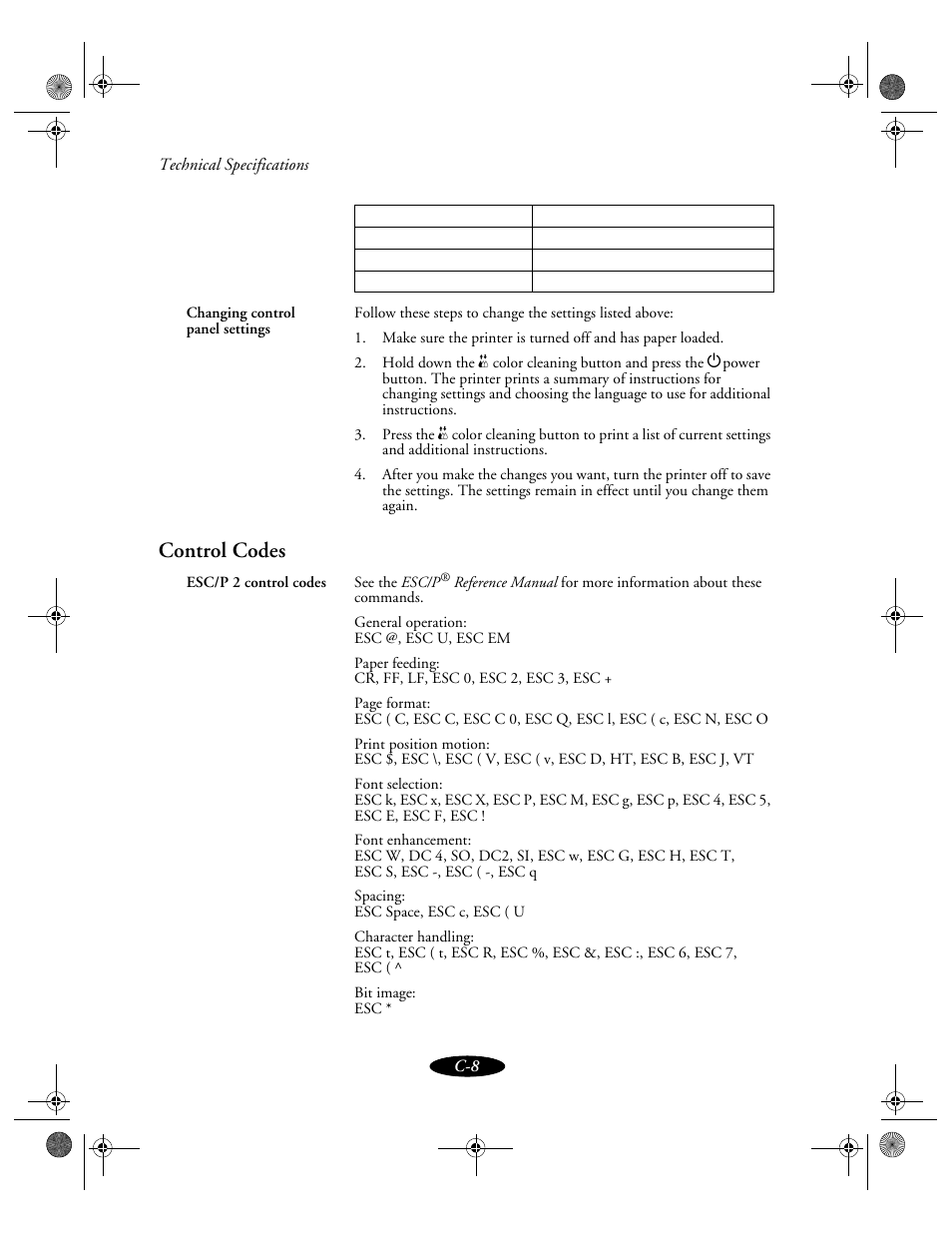 Control codes | Epson 850N User Manual | Page 167 / 179