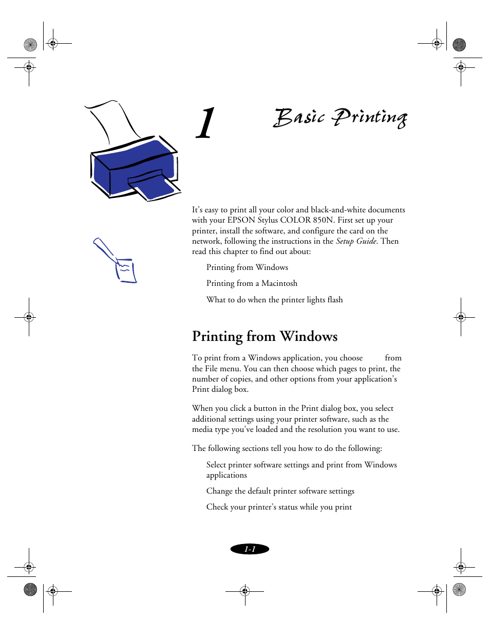 Chap 1-basic printing, Printing from windows, Basic printing | Epson 850N User Manual | Page 21 / 179