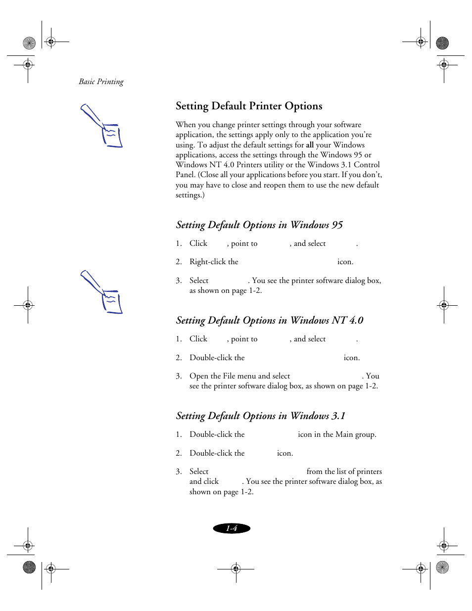 Setting default printer options, Setting default options in windows 95, Setting default options in windows nt 4.0 | Setting default options in windows 3.1 | Epson 850N User Manual | Page 24 / 179