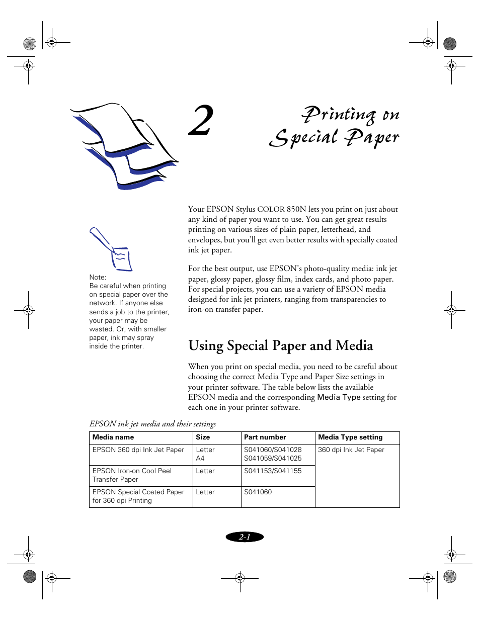 Chap 2-printing on special paper, Using special paper and media, Printing on special paper | Epson 850N User Manual | Page 31 / 179