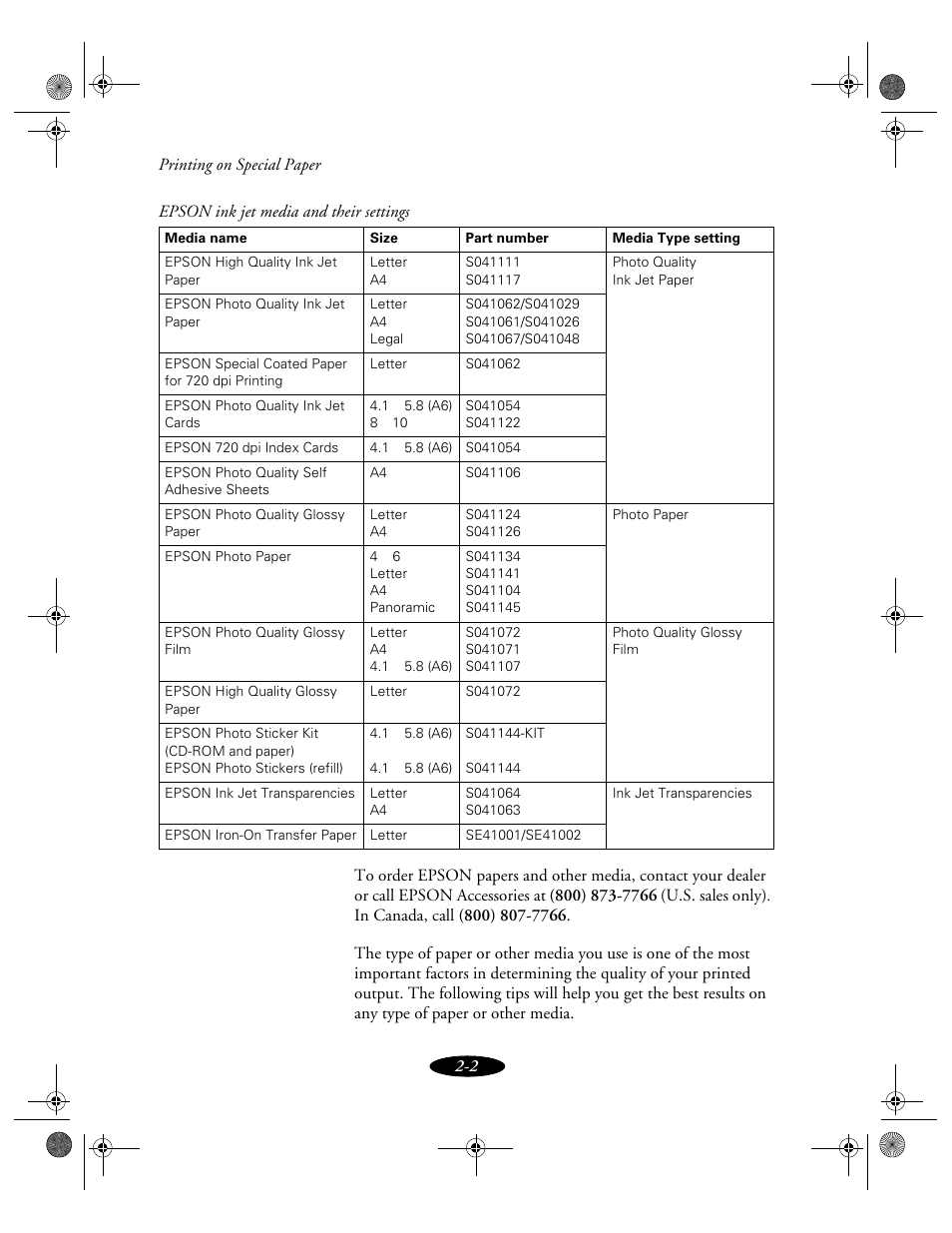 U.s. sales only), Epson ink jet media and their settings | Epson 850N User Manual | Page 32 / 179