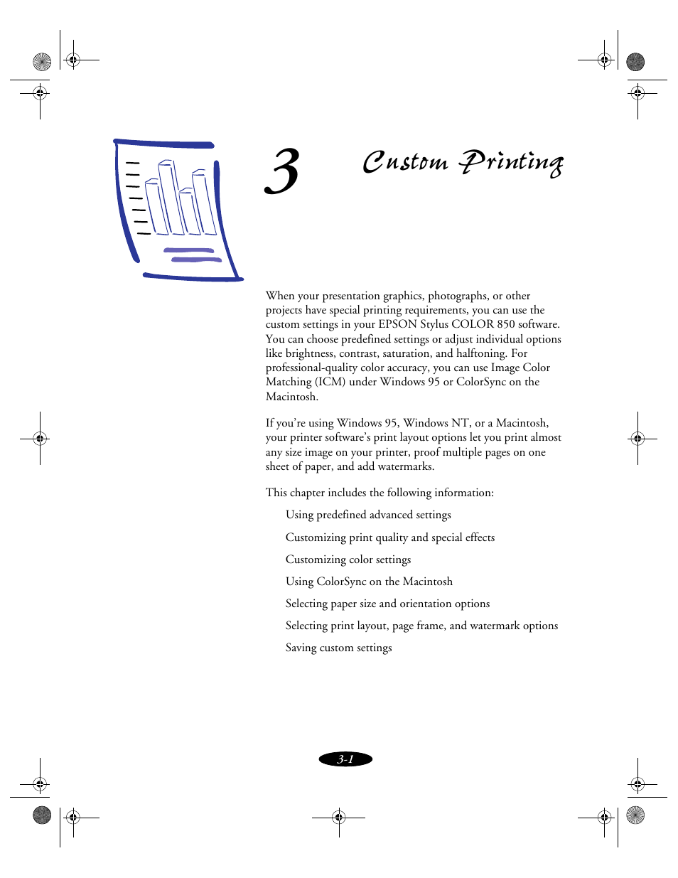 Chap 3-custom printing, Custom printing | Epson 850N User Manual | Page 38 / 179