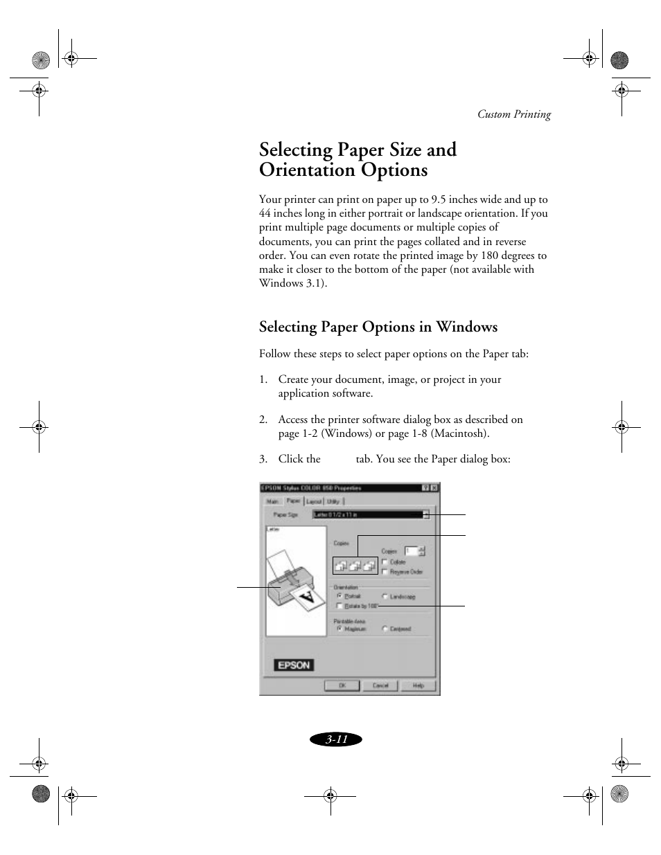 Selecting paper size and orientation options, Selecting paper options in windows | Epson 850N User Manual | Page 48 / 179