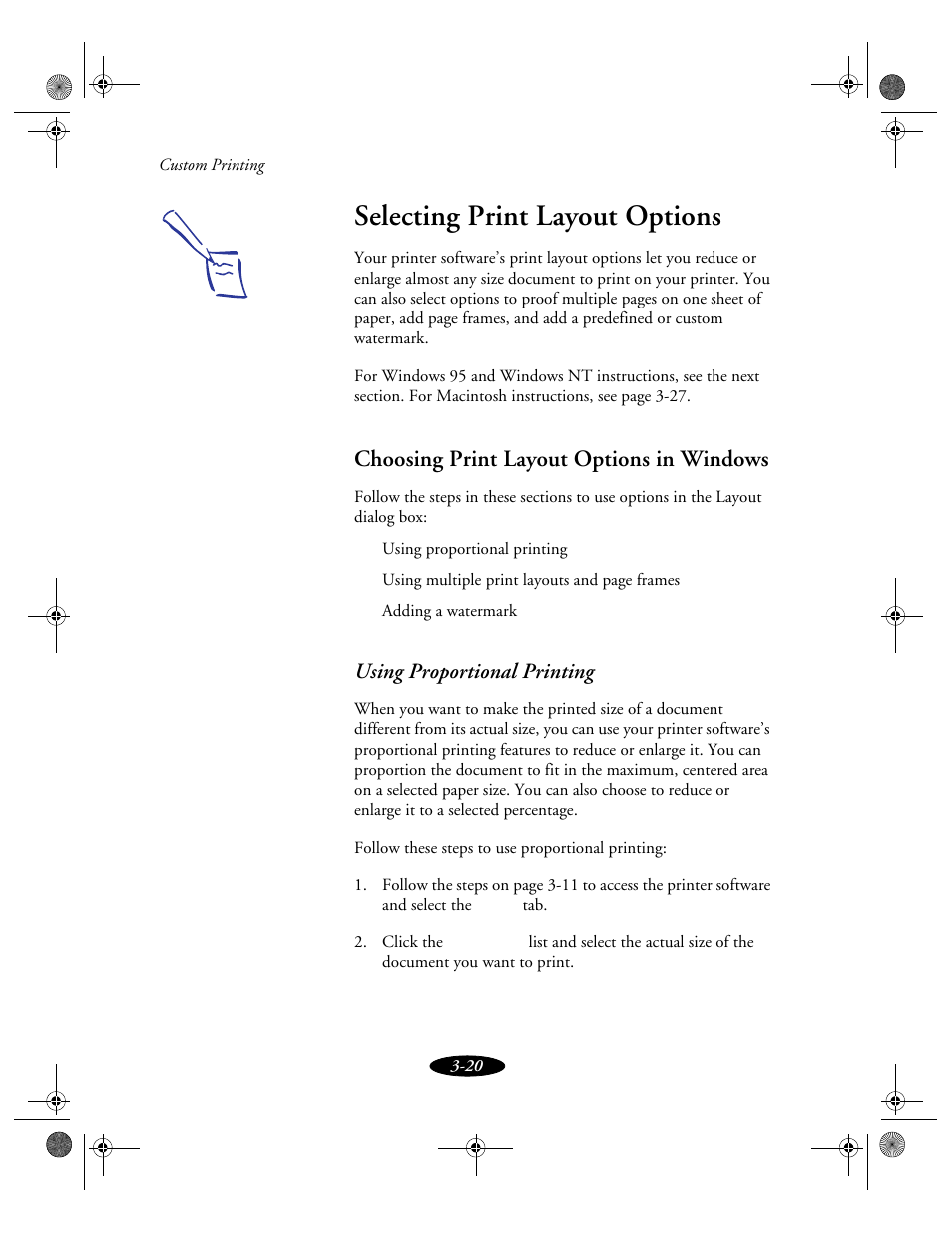 Selecting print layout options, Choosing print layout options in windows, Using proportional printing | Epson 850N User Manual | Page 57 / 179