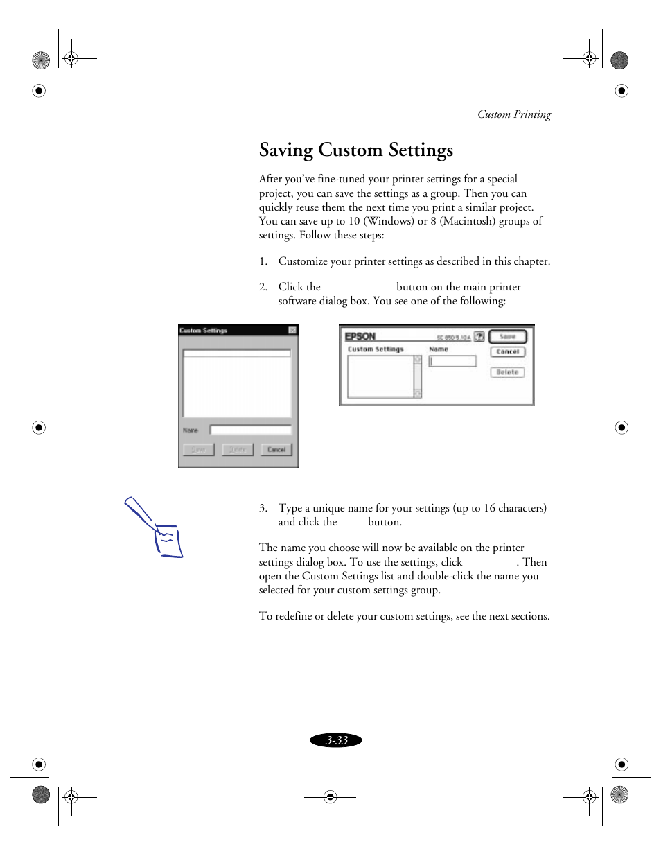Saving custom settings | Epson 850N User Manual | Page 70 / 179