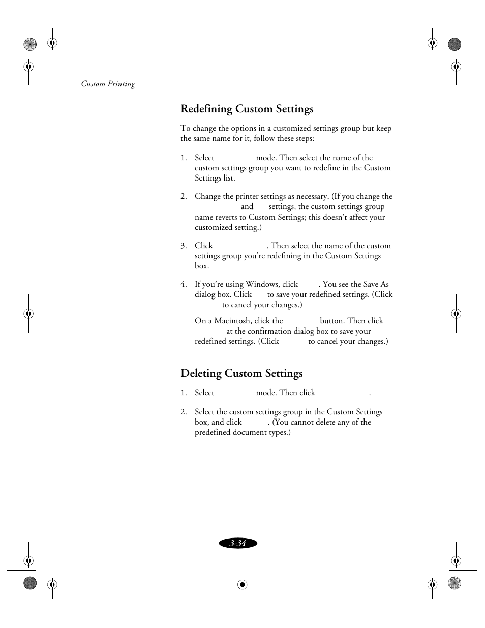 Redefining custom settings, Deleting custom settings | Epson 850N User Manual | Page 71 / 179