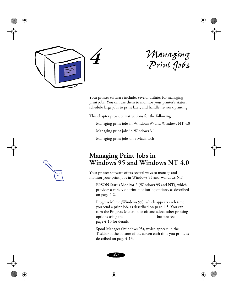 Chap 4-managing print jobs, 5 and windows nt 4.0 4-1, Managing print jobs | Epson 850N User Manual | Page 72 / 179