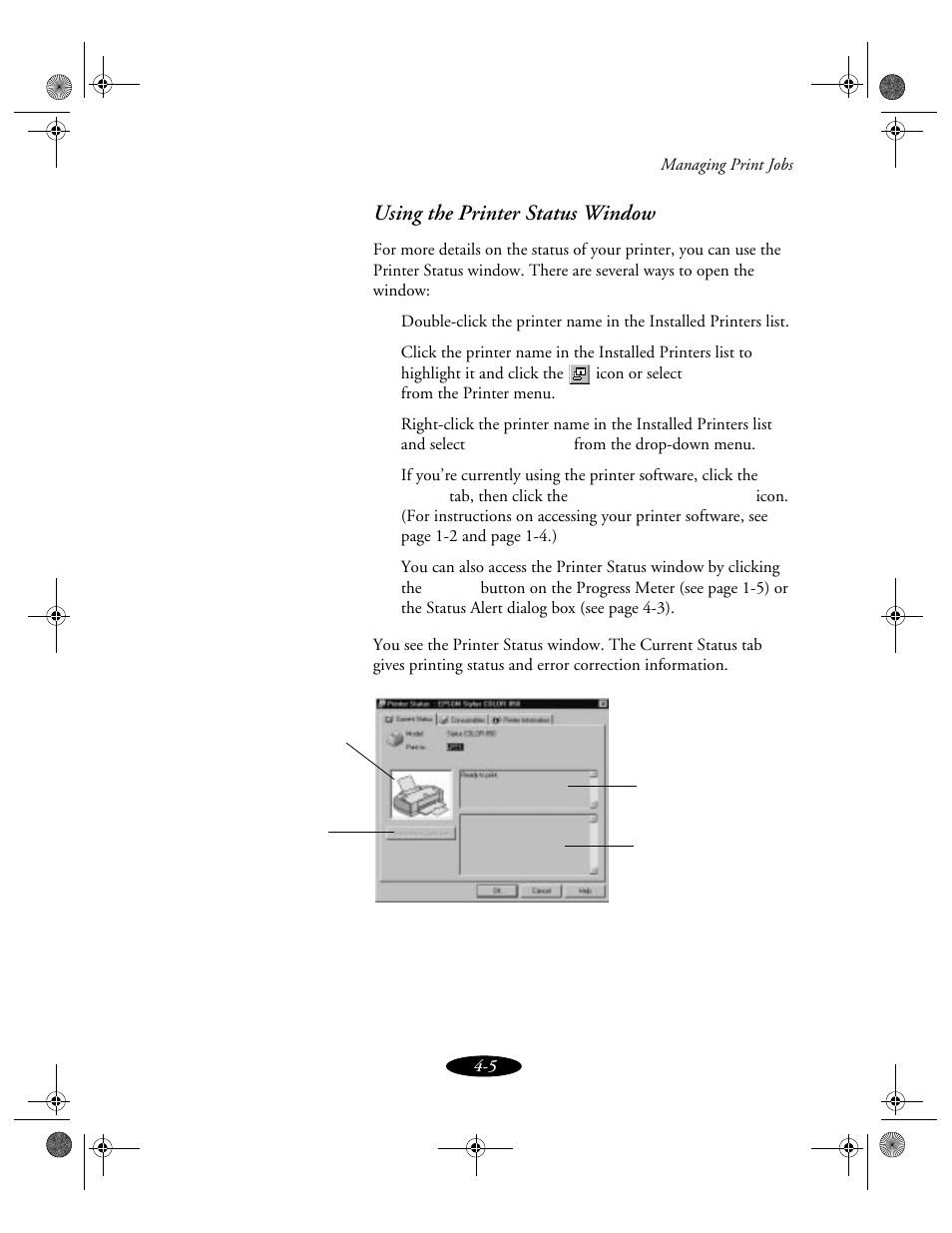 Using the printer status window | Epson 850N User Manual | Page 76 / 179