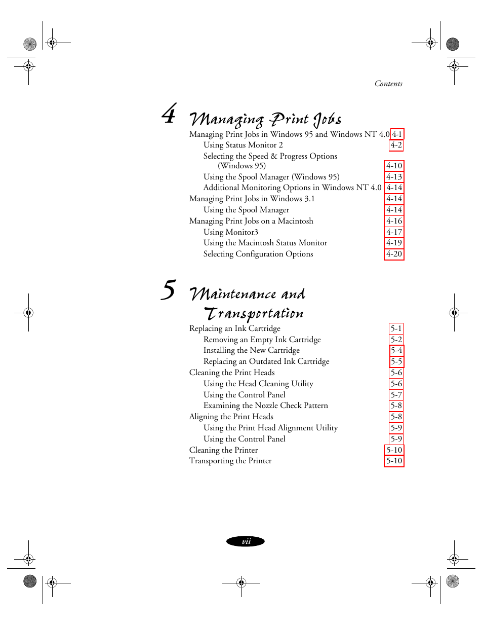 Managing print jobs, Maintenance and transportation | Epson 850N User Manual | Page 8 / 179