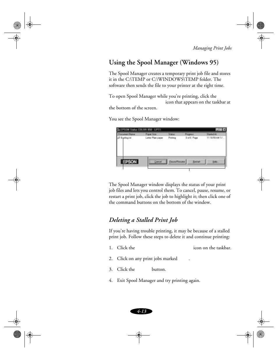 Using the spool manager (windows 95), Deleting a stalled print job | Epson 850N User Manual | Page 84 / 179