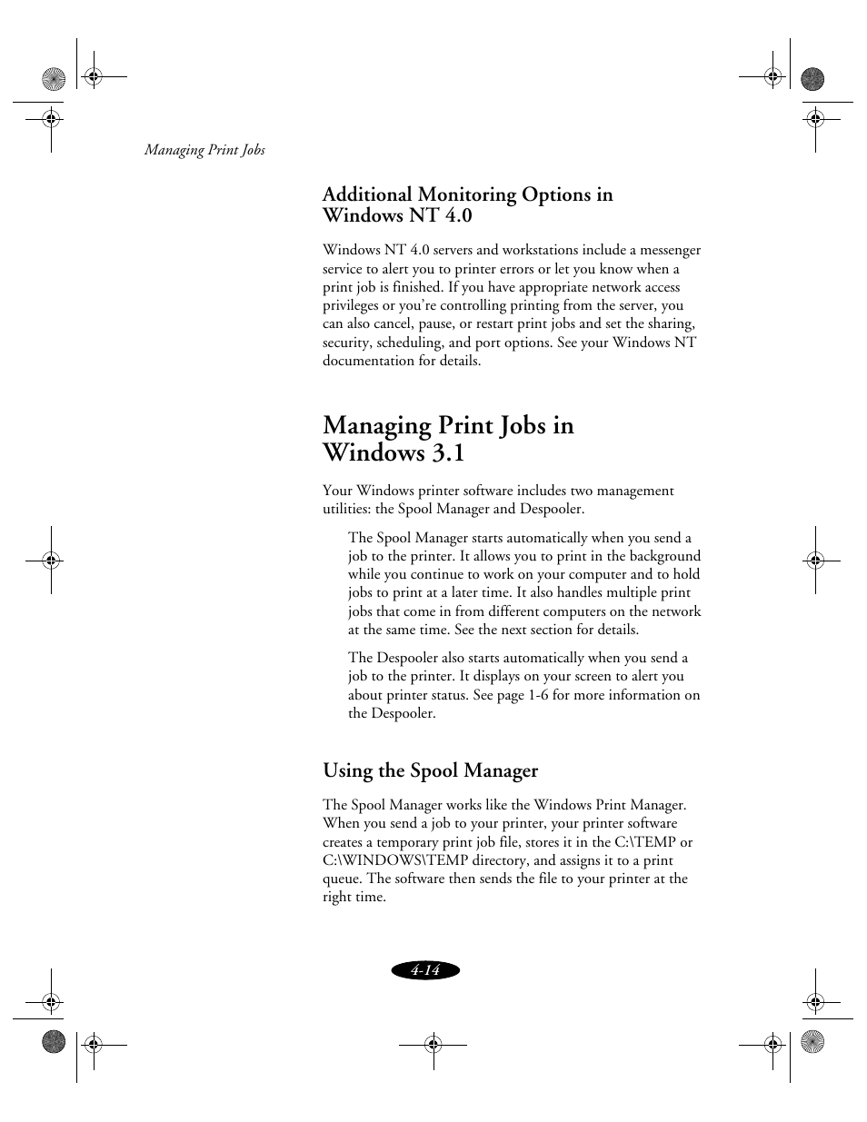 Additional monitoring options in windows nt 4.0, Managing print jobs in windows 3. 1, Using the spool manager | Managing print jobs in windows 3.1 | Epson 850N User Manual | Page 85 / 179