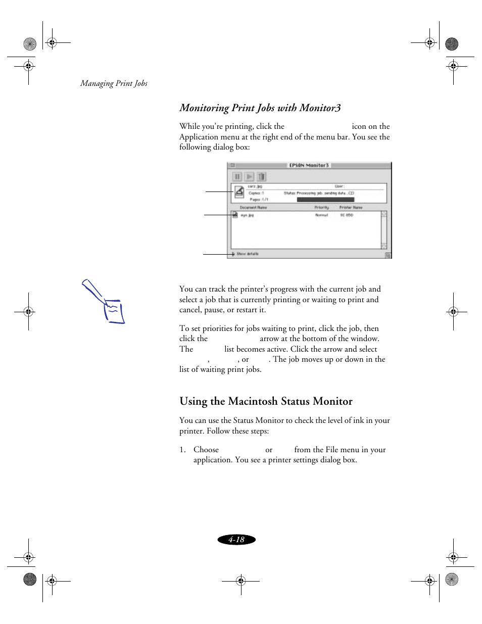 Using the macintosh status monitor, Monitoring print jobs with monitor3 | Epson 850N User Manual | Page 89 / 179