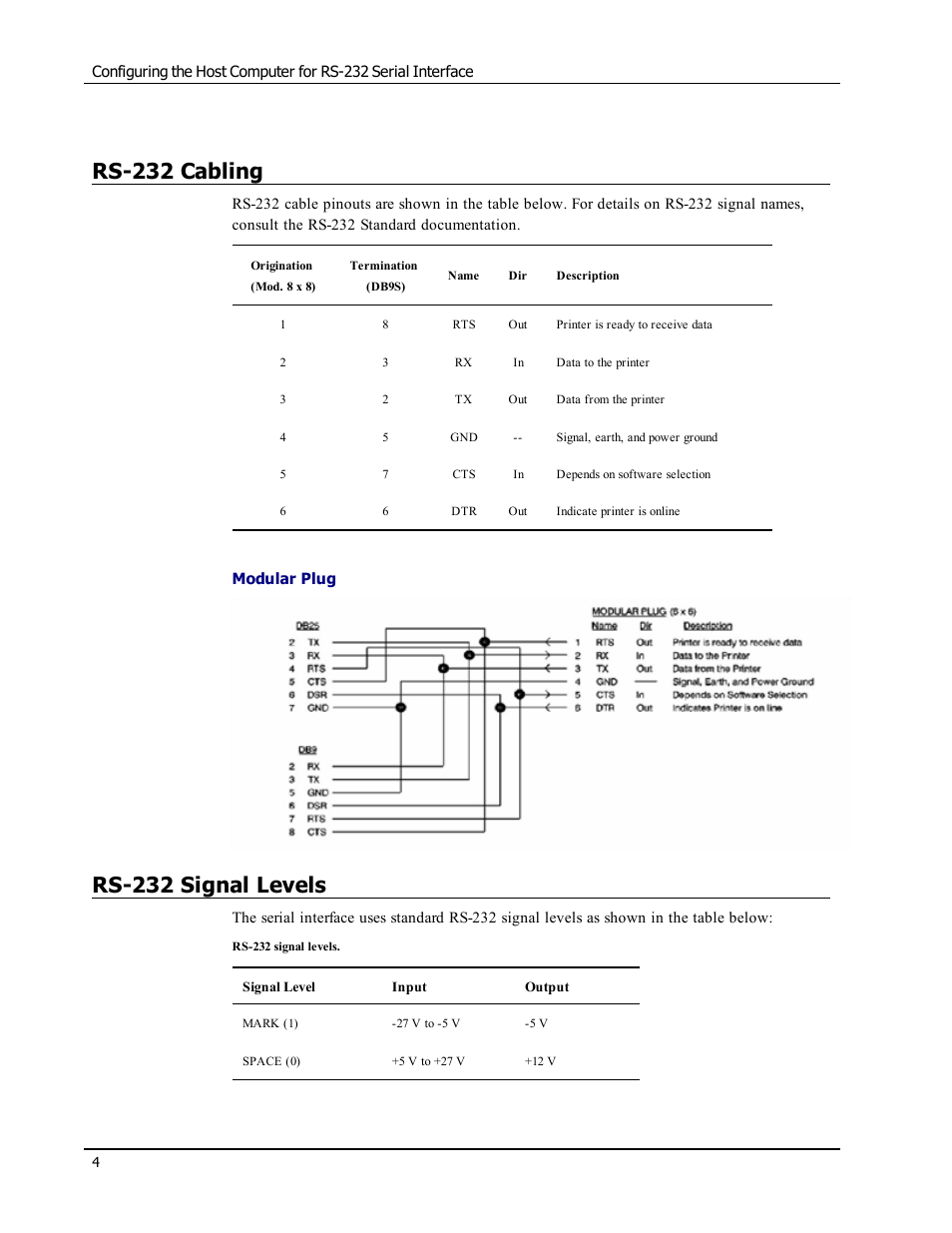 Rs-232 cabling, Rs-232 signal levels | Epson LABELWRITER SE450 User Manual | Page 10 / 76