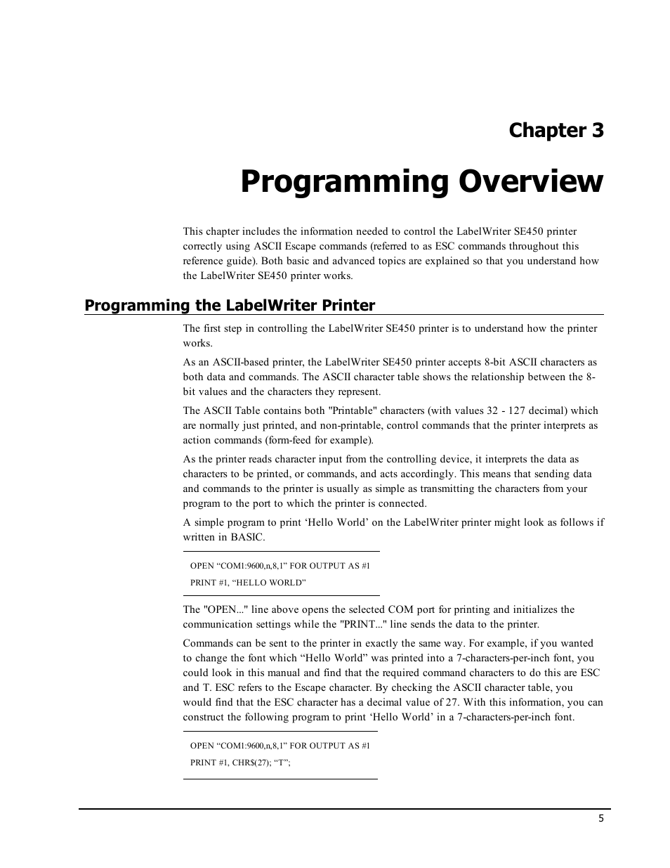 Programming overview, Programming the labelwriter printer, Chapter 3 | Epson LABELWRITER SE450 User Manual | Page 11 / 76