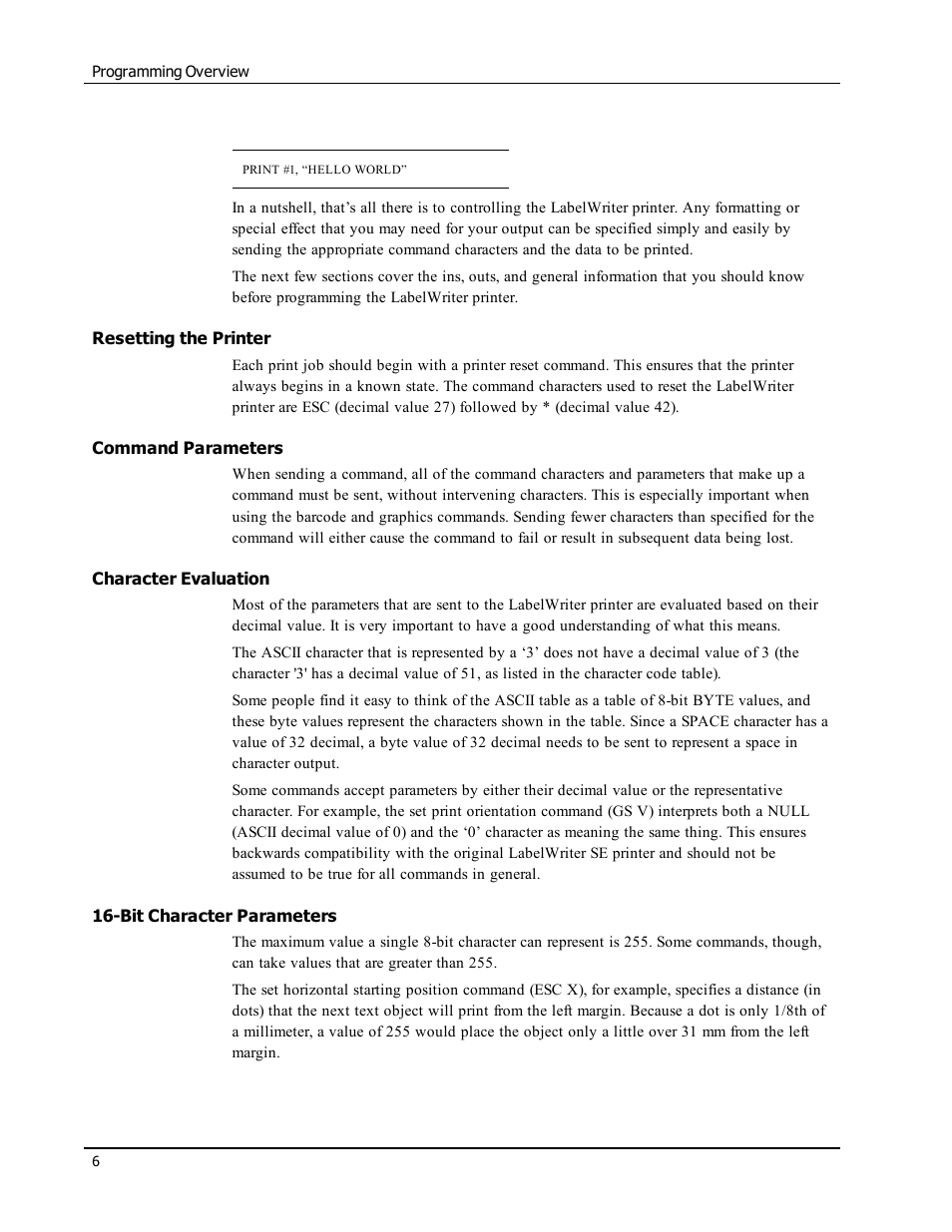 Resetting the printer, Command parameters, Character evaluation | Bit character parameters | Epson LABELWRITER SE450 User Manual | Page 12 / 76