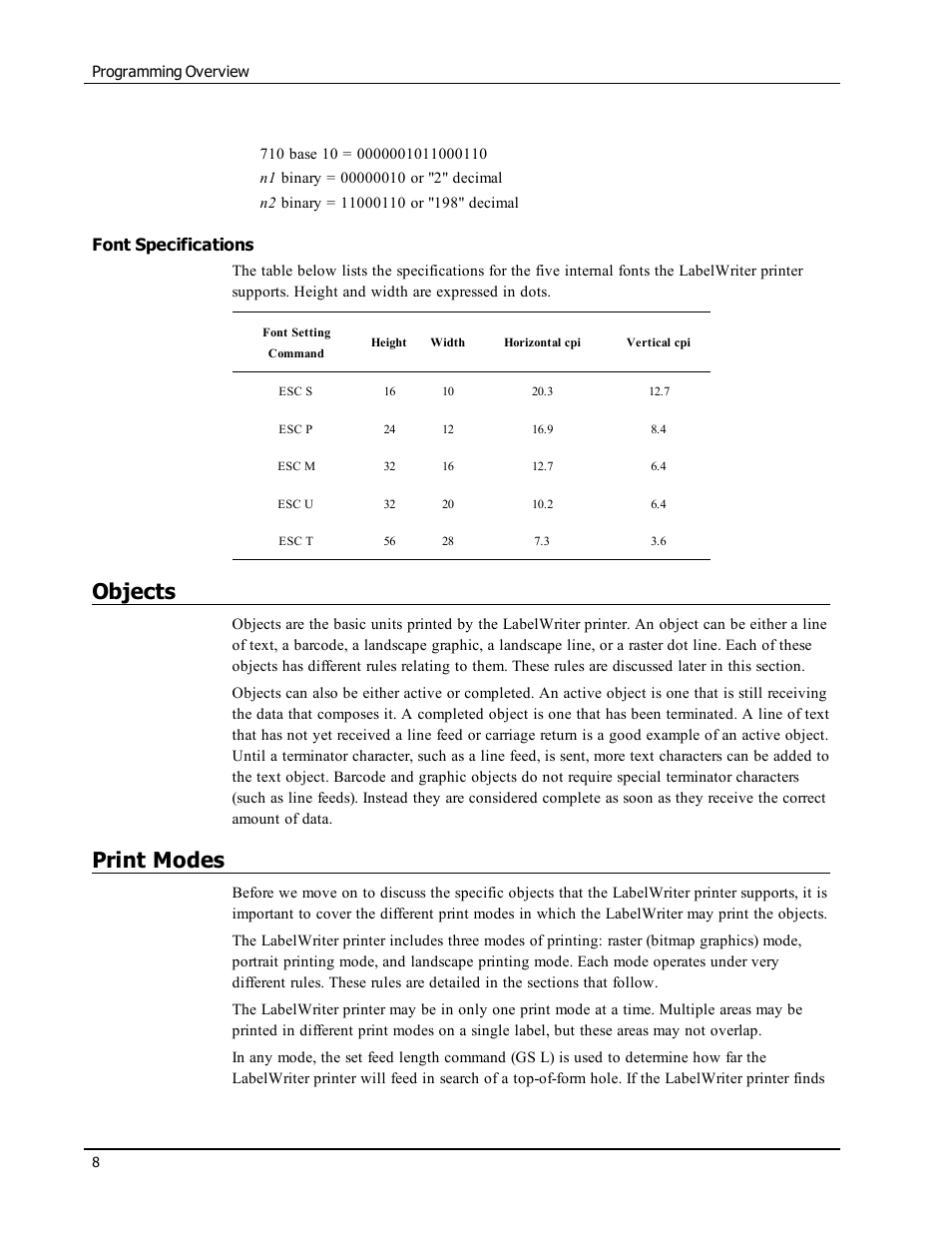 Font specifications, Objects, Print modes | Epson LABELWRITER SE450 User Manual | Page 14 / 76
