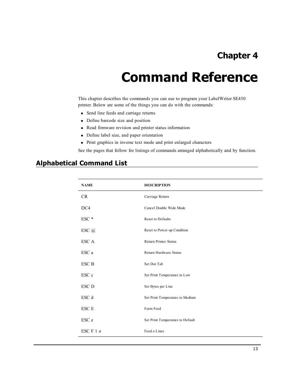 Command reference, Alphabetical command list, Chapter 4 | Epson LABELWRITER SE450 User Manual | Page 19 / 76