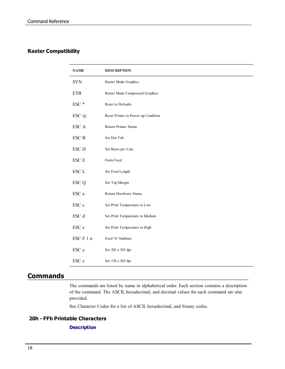 Raster compatibility, Commands, 20h - ffh printable characters | 20h - ffh | Epson LABELWRITER SE450 User Manual | Page 24 / 76