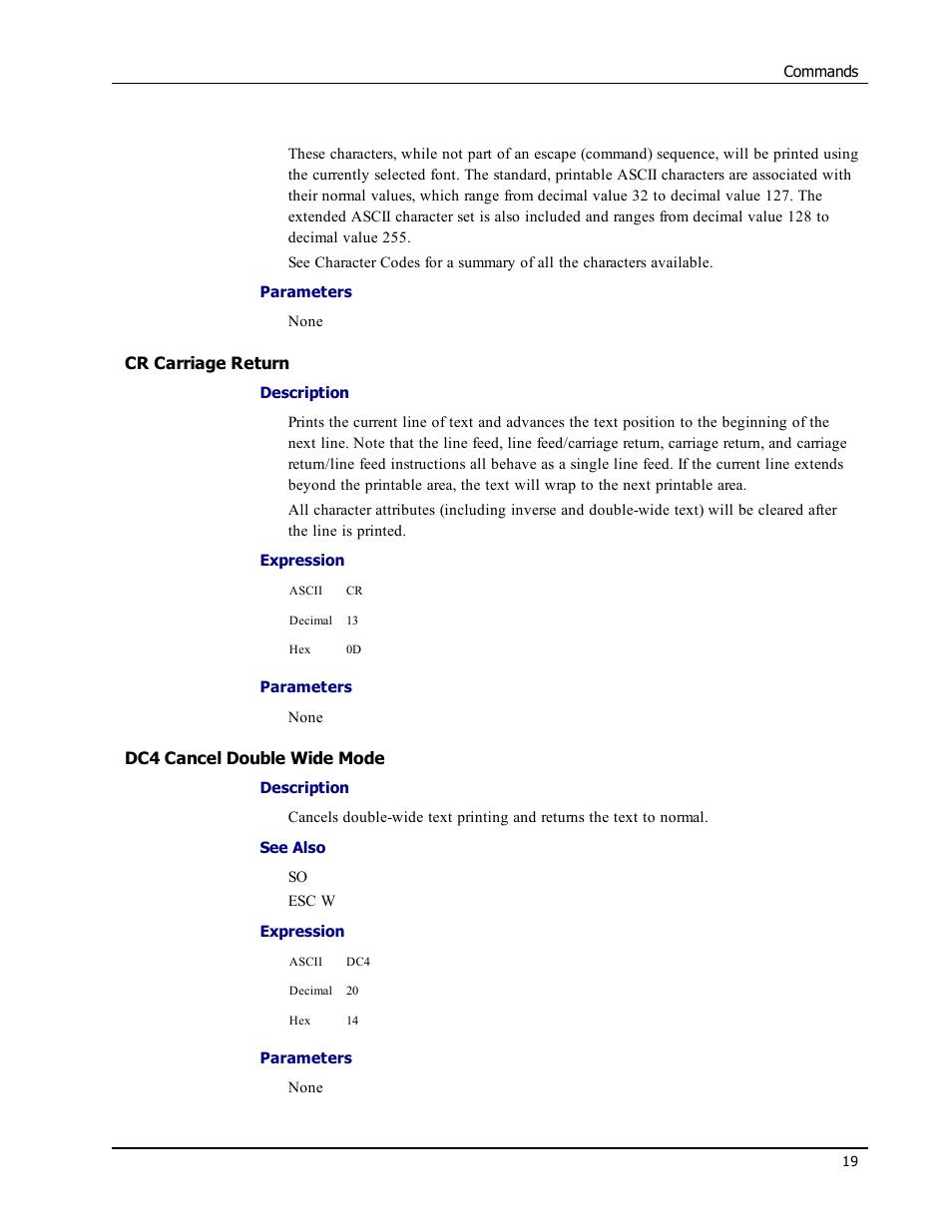 Cr carriage return, Dc4 cancel double wide mode | Epson LABELWRITER SE450 User Manual | Page 25 / 76