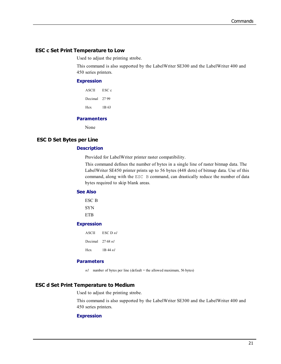 Esc c set print temperature to low, Esc d set bytes per line, Esc d set print temperature to medium | Esc c, Esc d | Epson LABELWRITER SE450 User Manual | Page 27 / 76