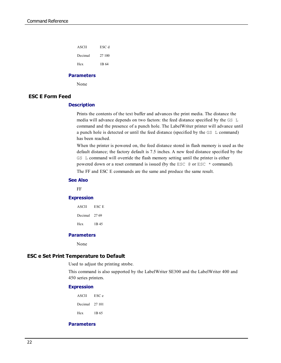 Esc e form feed, Esc e set print temperature to default, Esc e | Epson LABELWRITER SE450 User Manual | Page 28 / 76