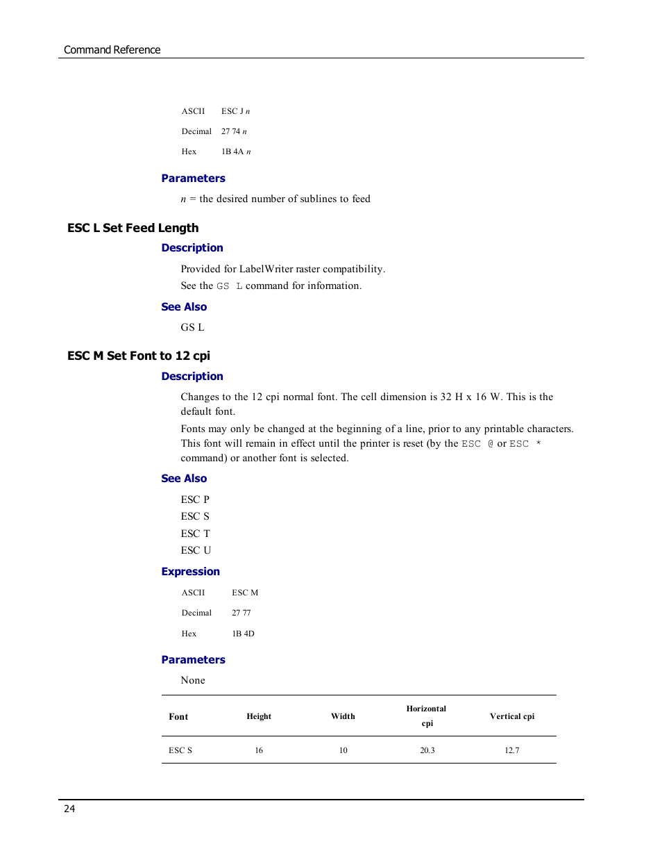 Esc l set feed length, Esc m set font to 12 cpi, Esc l | Esc m | Epson LABELWRITER SE450 User Manual | Page 30 / 76