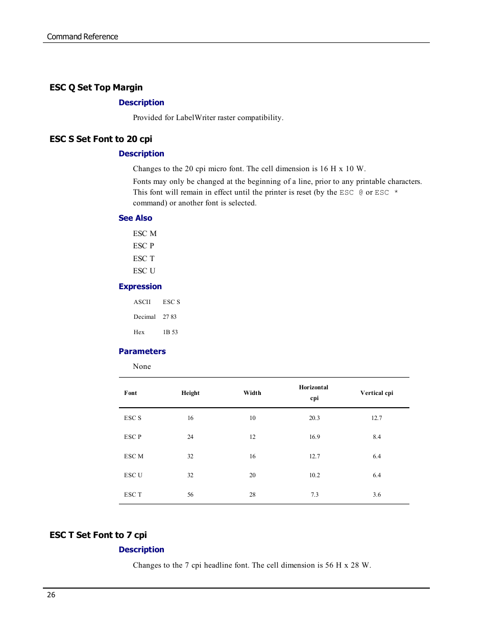 Esc q set top margin, Esc s set font to 20 cpi, Esc t set font to 7 cpi | Esc q, Esc s, Esc t | Epson LABELWRITER SE450 User Manual | Page 32 / 76