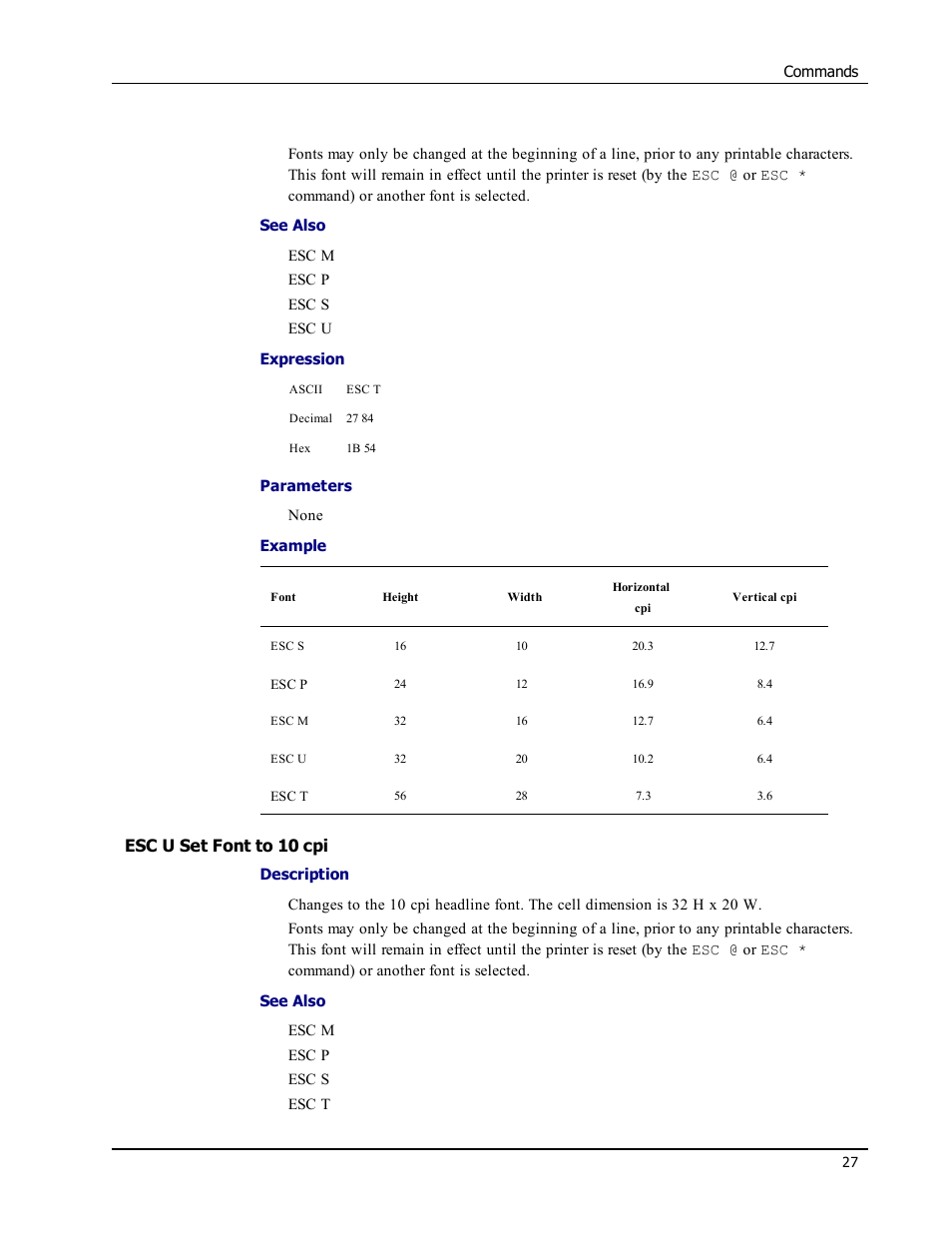 Esc u set font to 10 cpi, Esc u | Epson LABELWRITER SE450 User Manual | Page 33 / 76