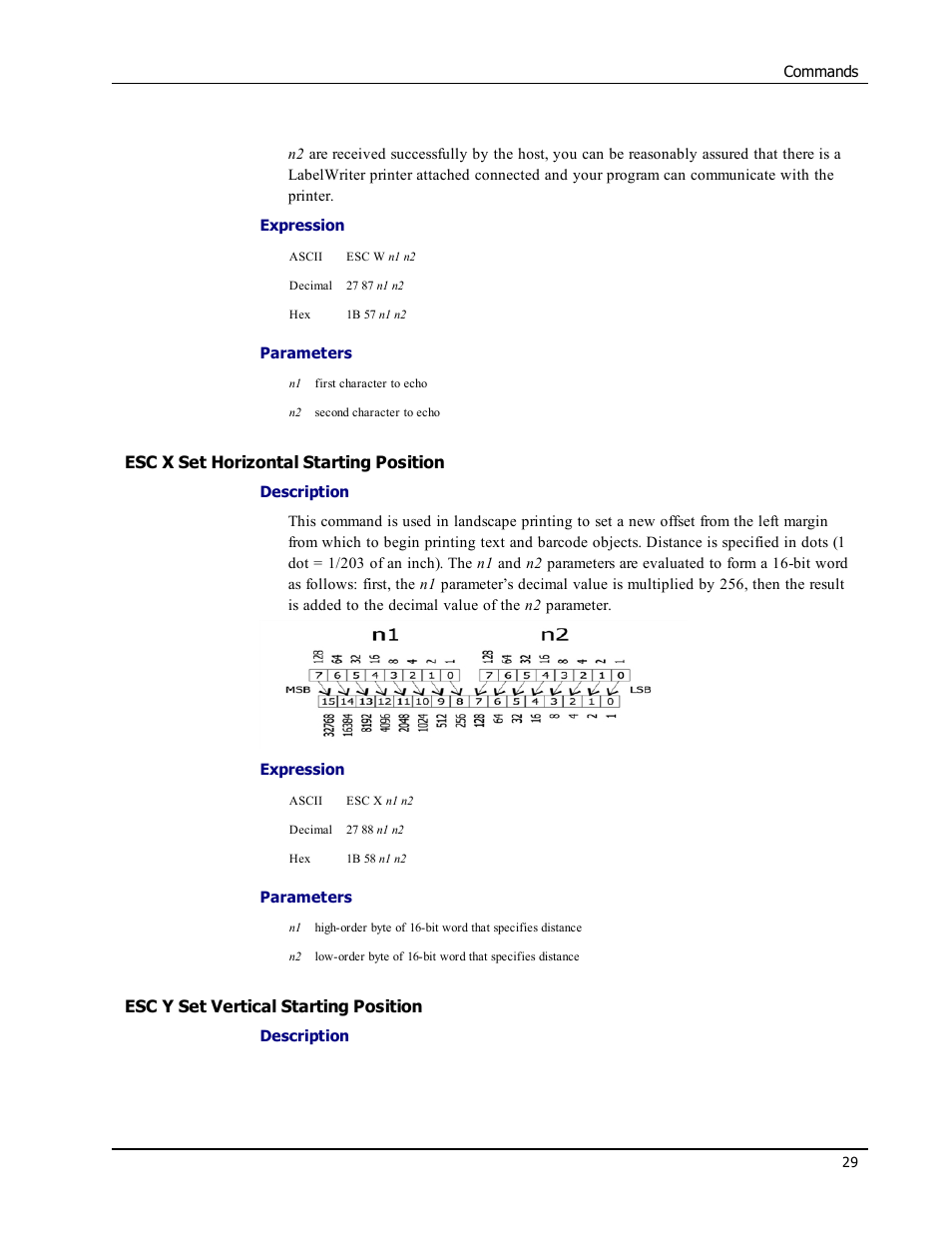 Esc x set horizontal starting position, Esc y set vertical starting position, Esc x | Esc y | Epson LABELWRITER SE450 User Manual | Page 35 / 76