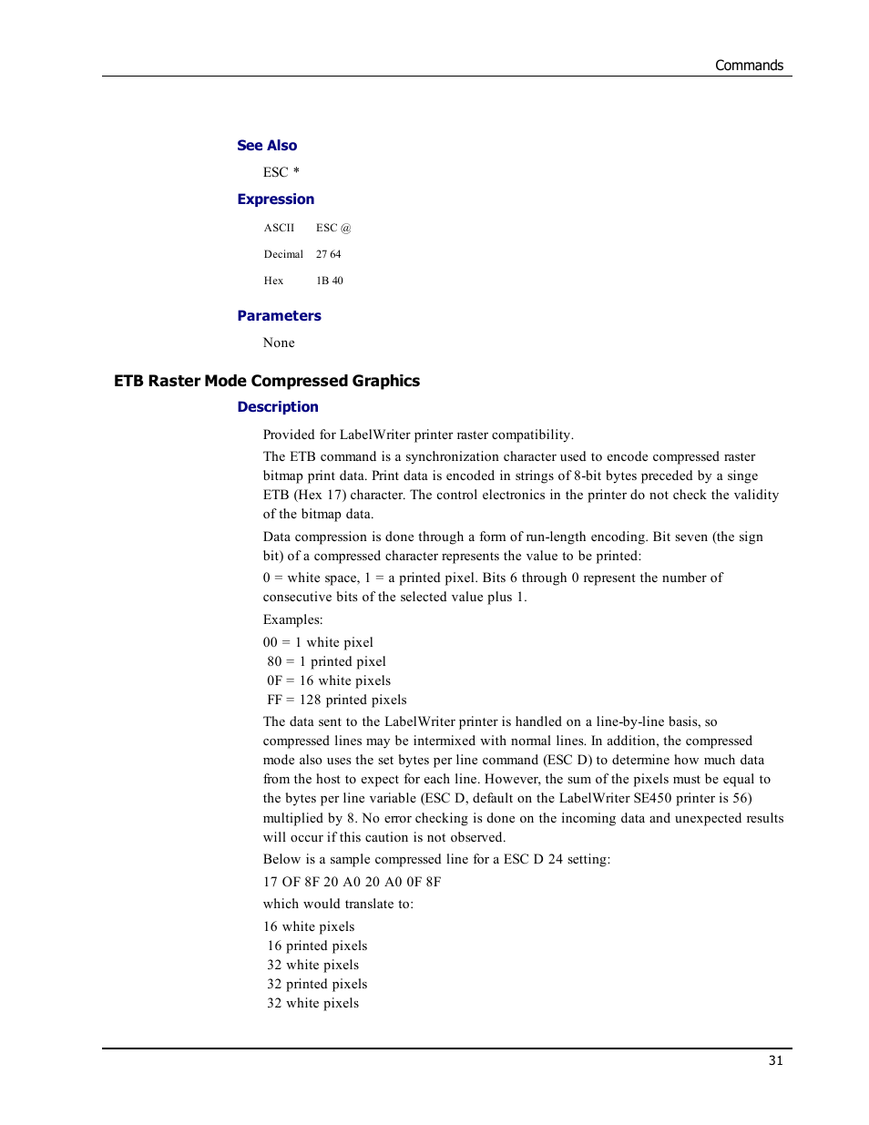 Etb raster mode compressed graphics | Epson LABELWRITER SE450 User Manual | Page 37 / 76